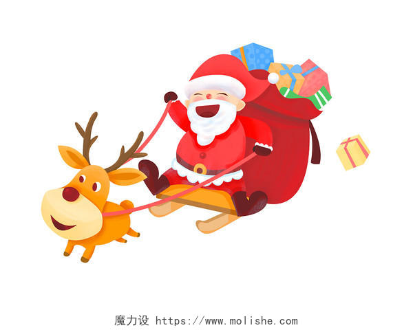 红色手绘卡通圣诞老人送礼物麋鹿拉雪橇礼物元素PNG素材